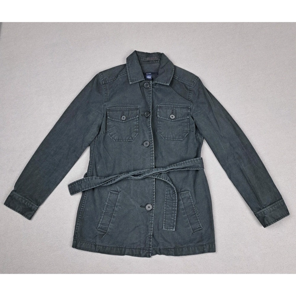 Y2K GAP Denim Jacket Womens Small‎ Black Button Up Belted Flap Pocket Jean Coat